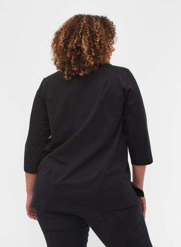 Jednokolorowa bawelniana bluzka z 3/4-length rekawami i rozcieciami, Black, Model image number 1