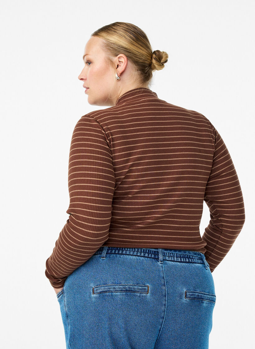 Bluzka z dzianiny z lamówka w paski i wysokim kolnierzem, Brązowy, Model image number 2