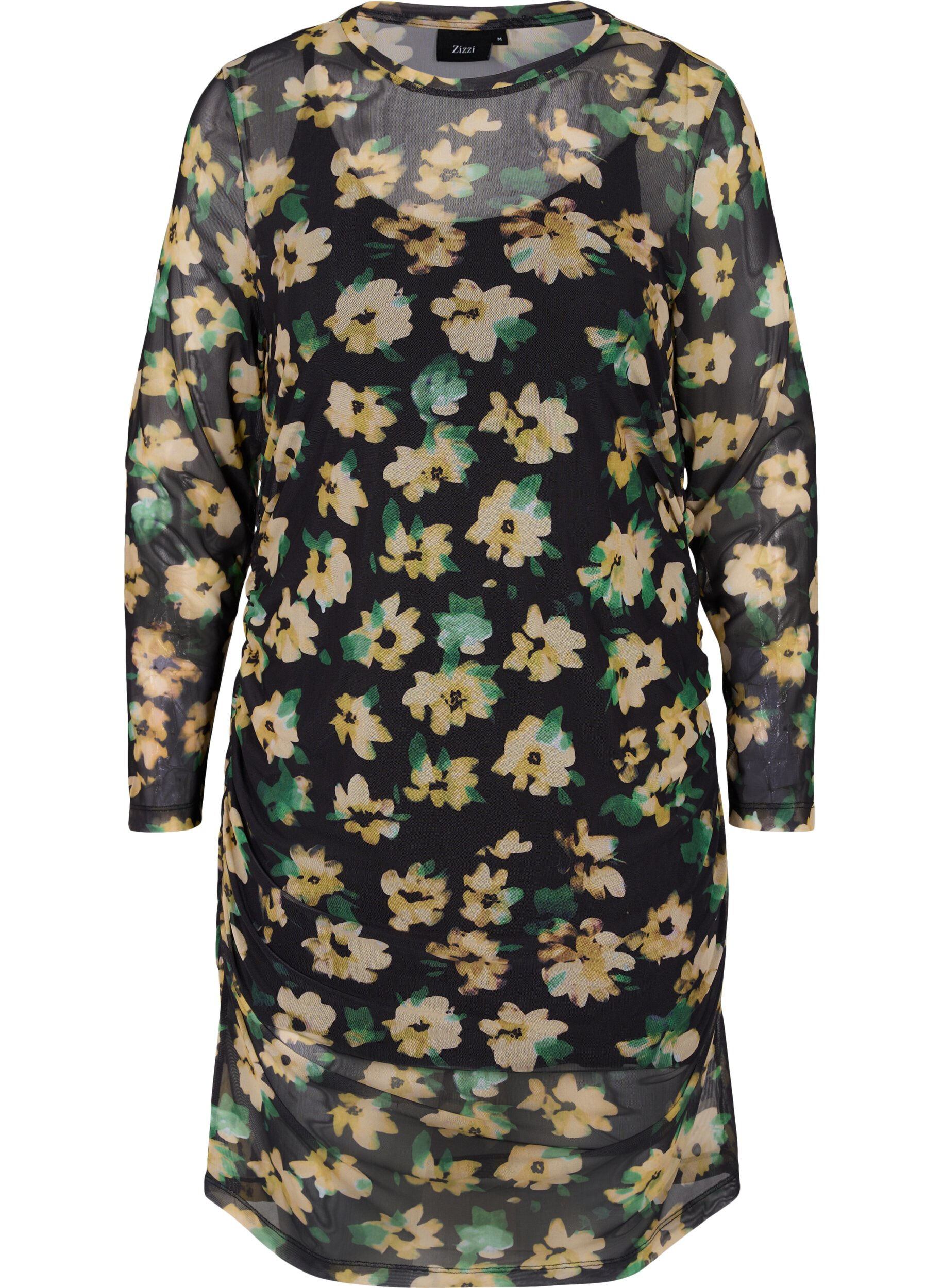 Zizzi Close-fitting mesh dress with 3/4 sleeves, Yellow Green AOP, Packshot image number 0