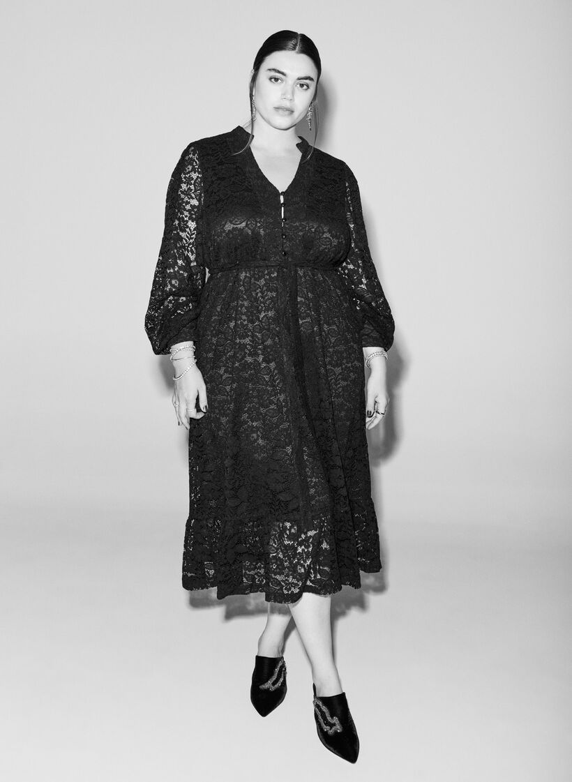 Koronkowa sukienka z dlugim rekawem i paskiem do wiazania, Czarne, Image image number 0