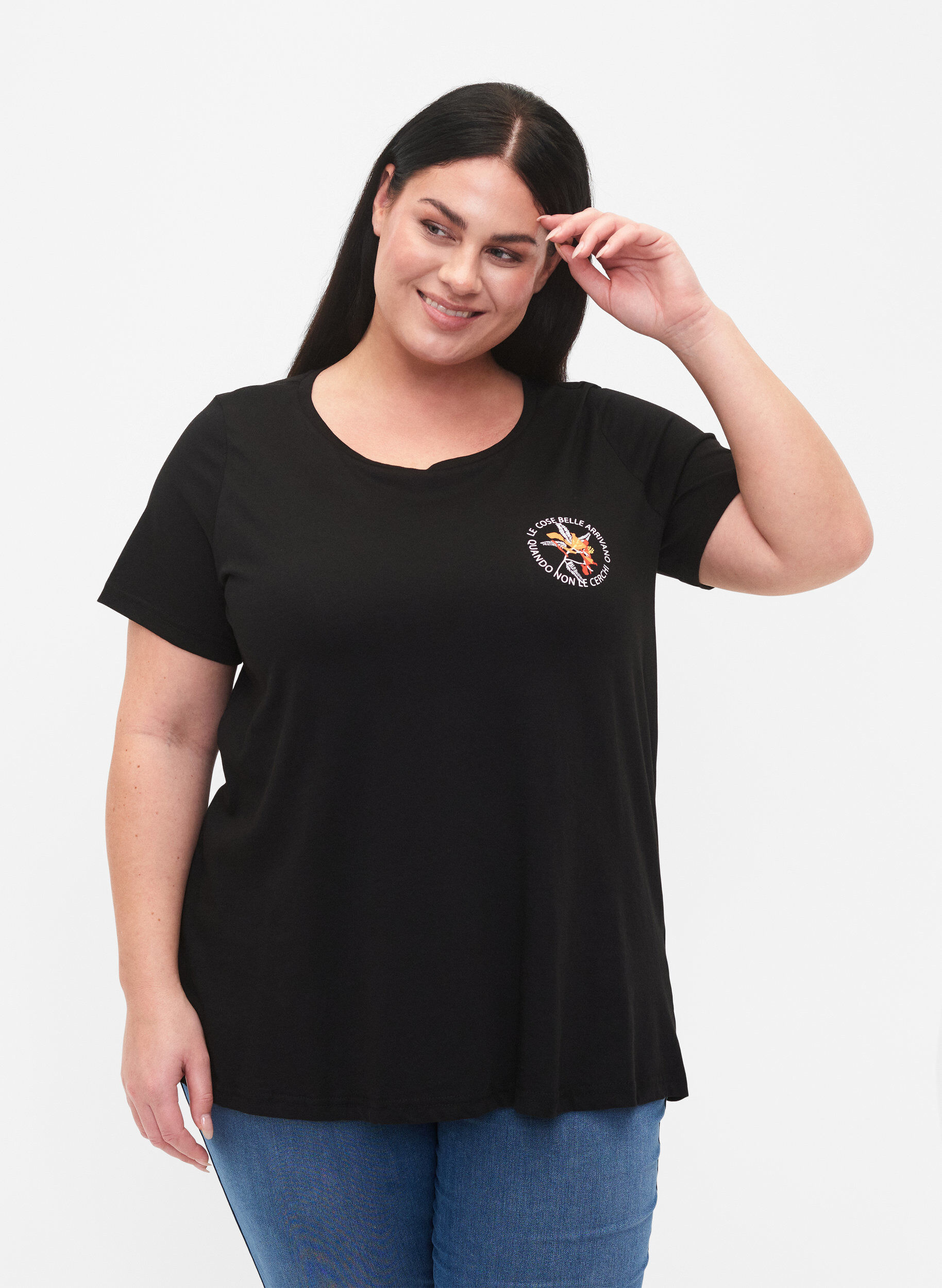 Zizzi Cotton t-shirt with print on the front, Black W. Chest print, Model image number 0