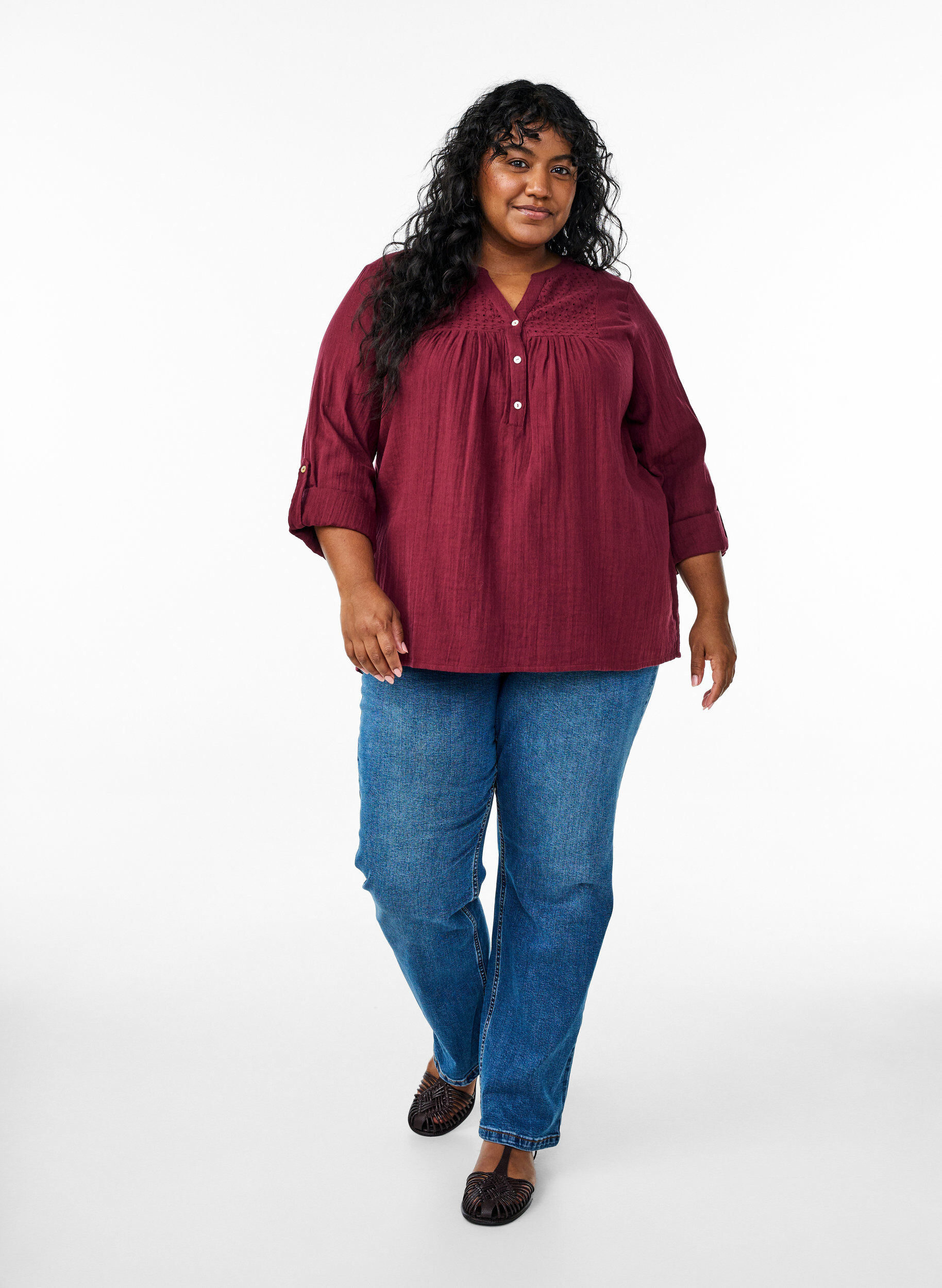 Zizzi Bluzka z bawelnianego muslinu z haftem angielskim, Ciemnobordowy, Model image number 1