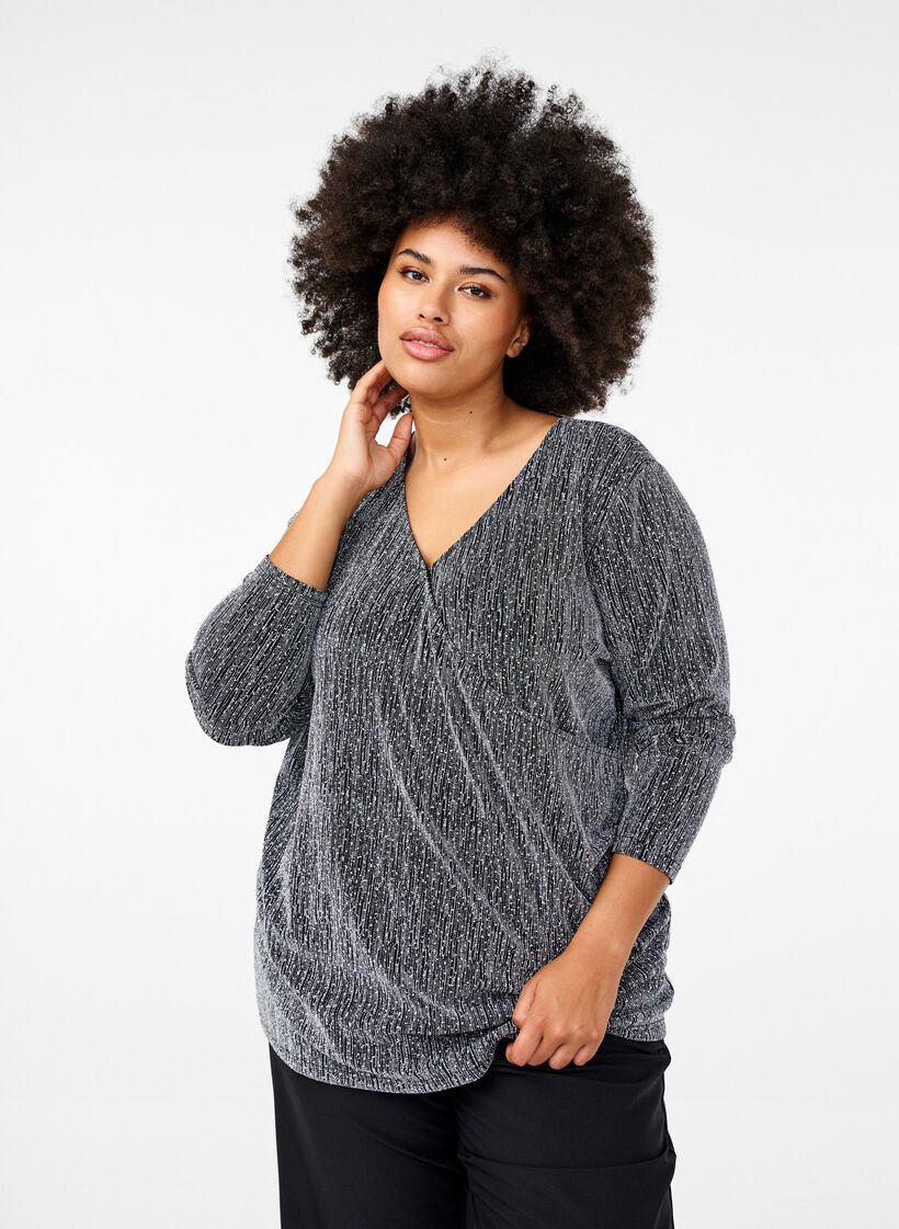 Zawijany, brokatowy top na impreze, Czarne, Model image number 0