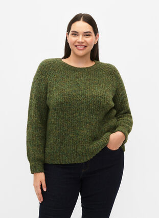 Dzianinowy sweter z welna i raglanowymi rekawami, Winter Moss, Model image number 0