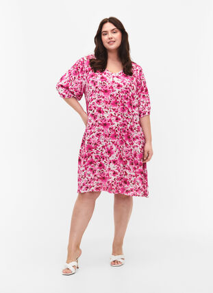 Trapezowa sukienka z wiskozy w kwiaty, Pink Flower Rain, Model image number 2