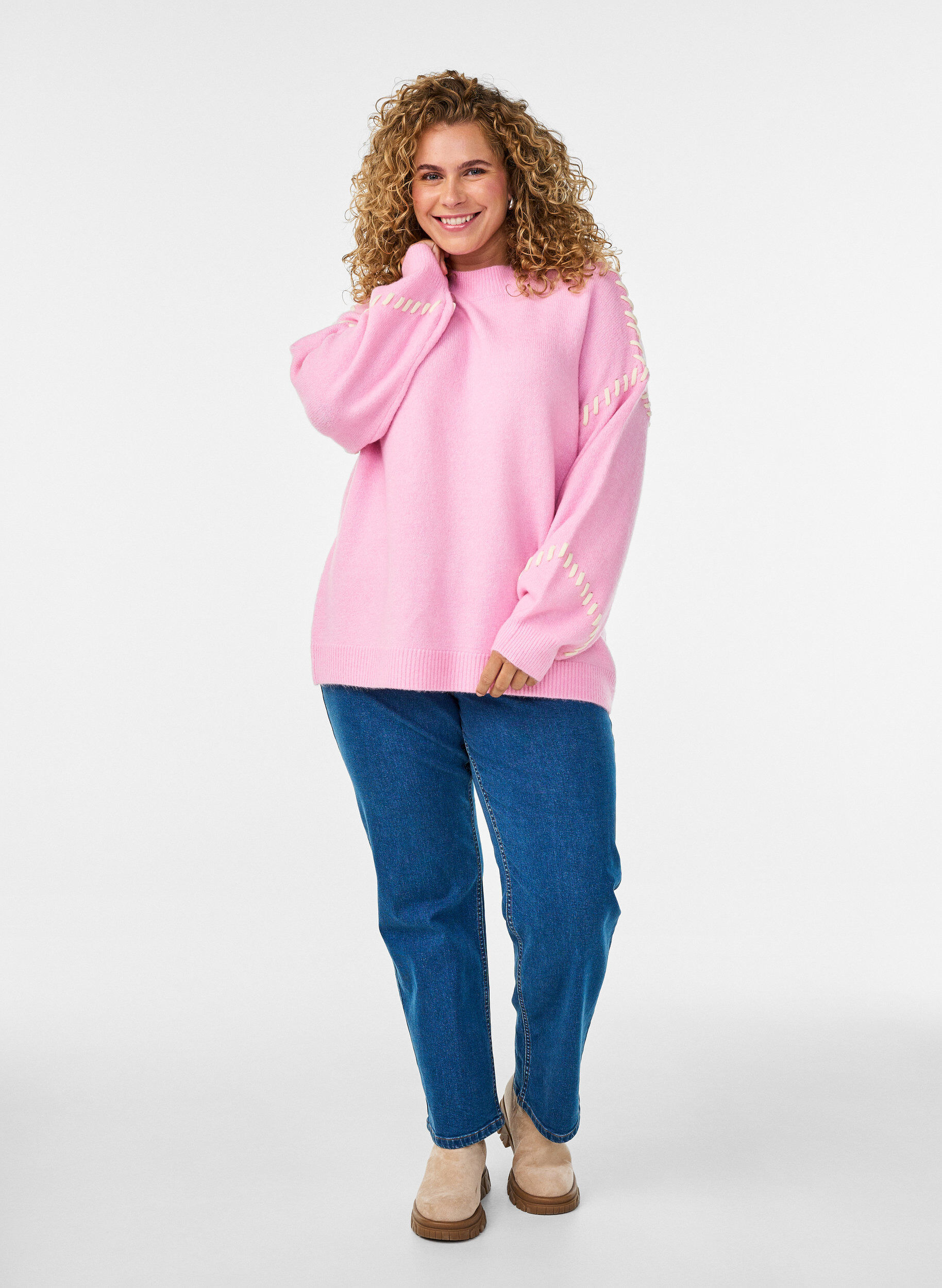 Zizzi Sweter z ozdobnymi sciegami, R&oacute;żowy, Model image number 1