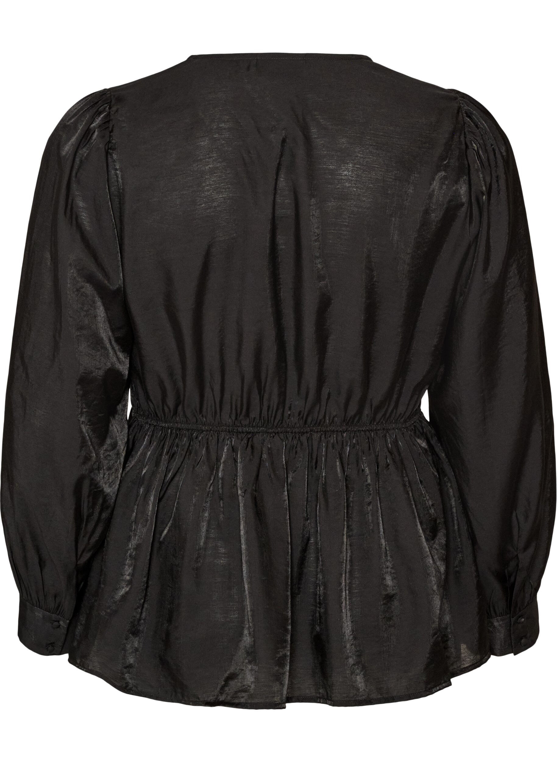 ZizziBlyszczaca bluzka z wiskozy z efektem peplum, Czarne, Packshot image number 1