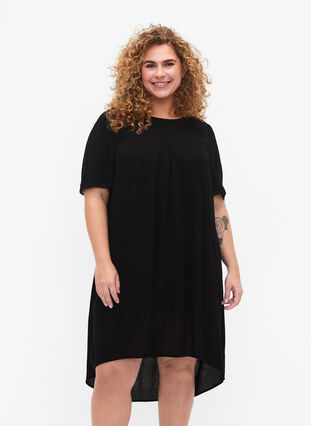 Wiskozowa sukienka z koronkowym paskiem, Black, Model image number 0