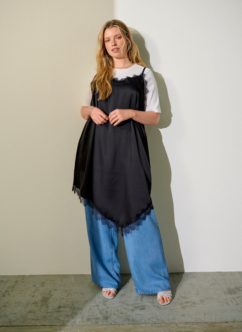 Sukienka w stylu satynowym z koronkowym wykonczeniem, Czarne, Image