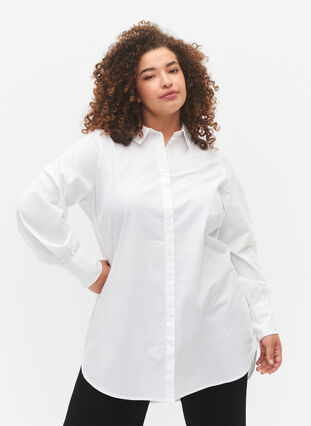 Dluga bawelniana koszula, Bright White, Model image number 0