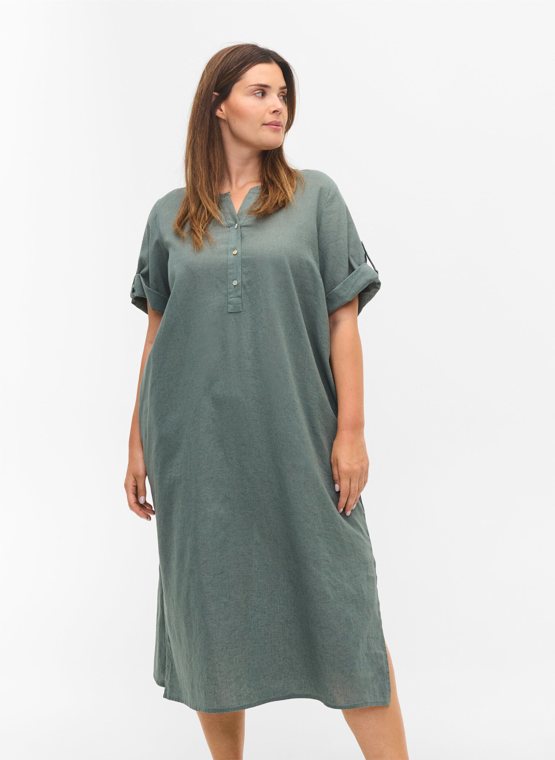 Zizzi Long short-sleeved shirt dress, Balsam Green, Model image number 0