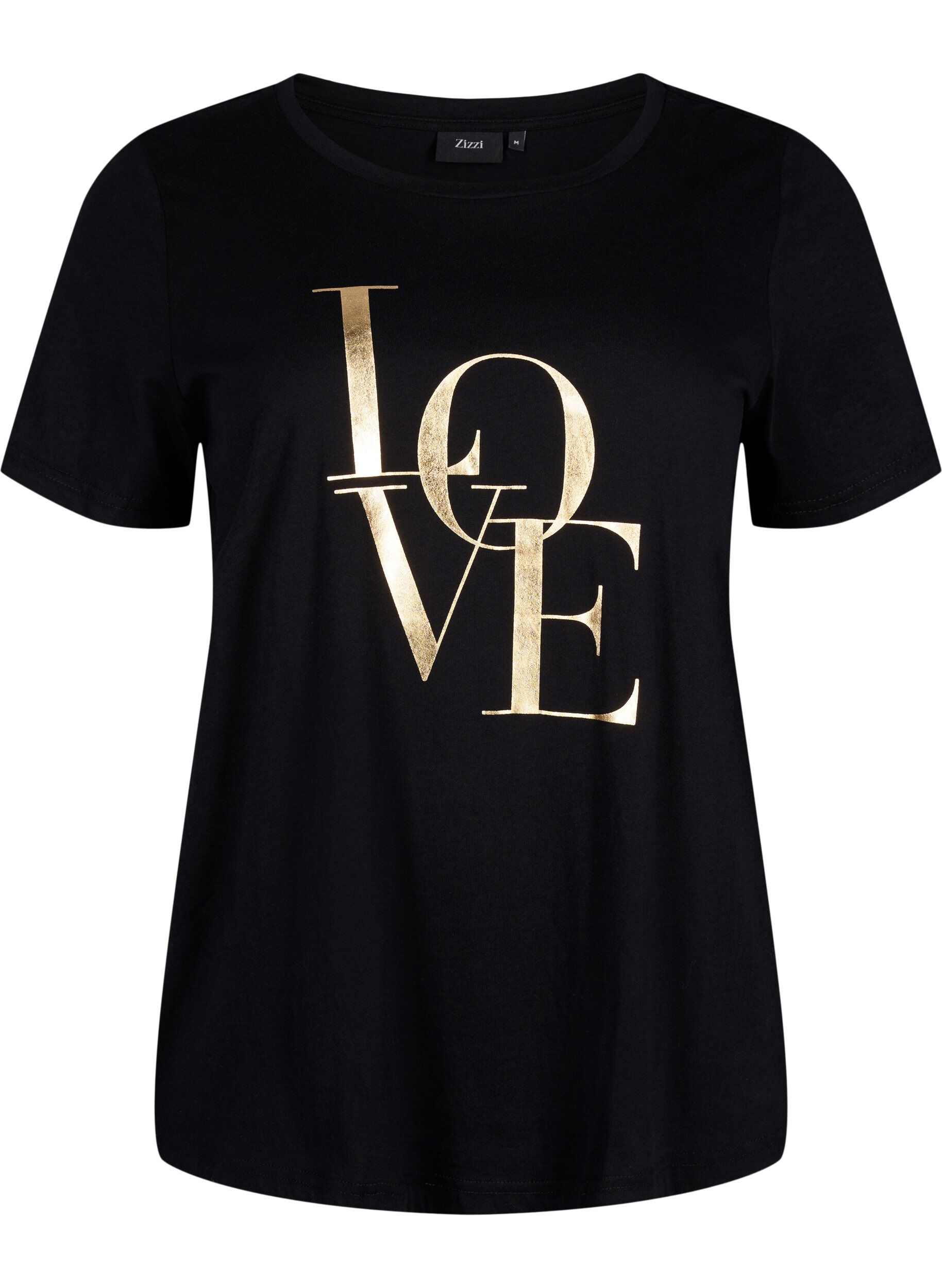 Zizzi Bawelniana koszulka ze zlotym tekstem, Black w. Gold Love, Packshot image number 0