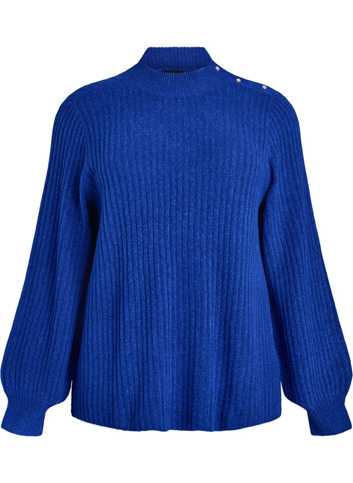 Prazkowany sweter z bufiastymi rekawami i guzikami, Niebieskie, Packshot image number 0