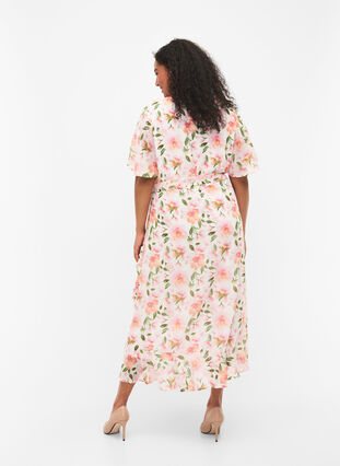 Kwiecista sukienka midi z krótkim rekawem i kwiatowym nadrukiem, White w. Pink Flower, Model image number 1