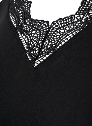 Bluzka z dekoltem w szpic i koronkowym wykonczeniem, Black, Packshot image number 3