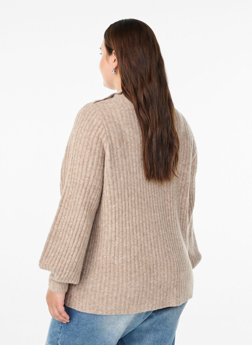 Prazkowany sweter z bufiastymi rekawami i guzikami, Beżowy, Model image number 2