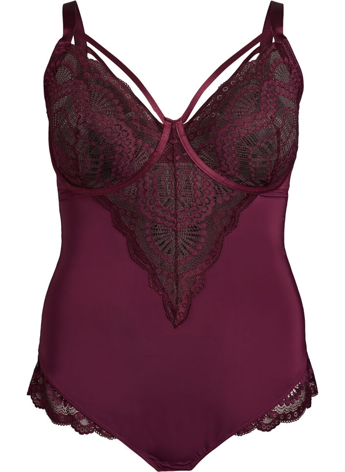 Koronkowe body z fiszbinami i ozdobnymi paseczkami, Czerwony, Packshot image number 0