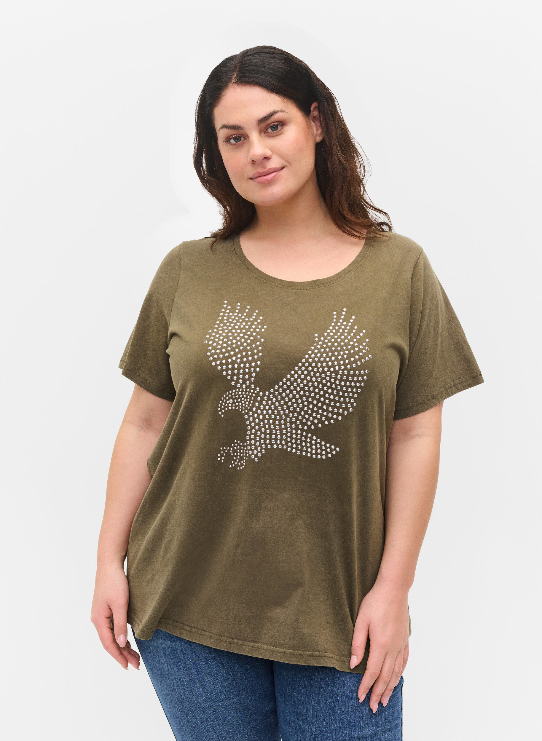 Zizzi Cotton t-shirt in acid wash and stones, Ivy Green Wash, Model image number 0