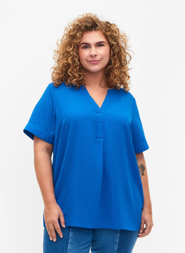 Bluzka z krótkim rekawem i dekoltem w serek, Victoria blue, Model image number 0