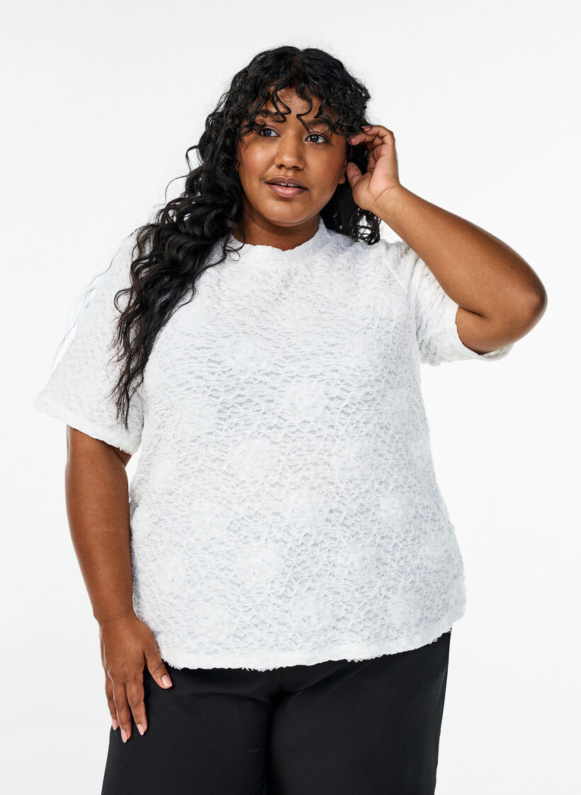 Bluzka z kwiatami 3D i krótkimi rekawami, Biały, Model image number 0