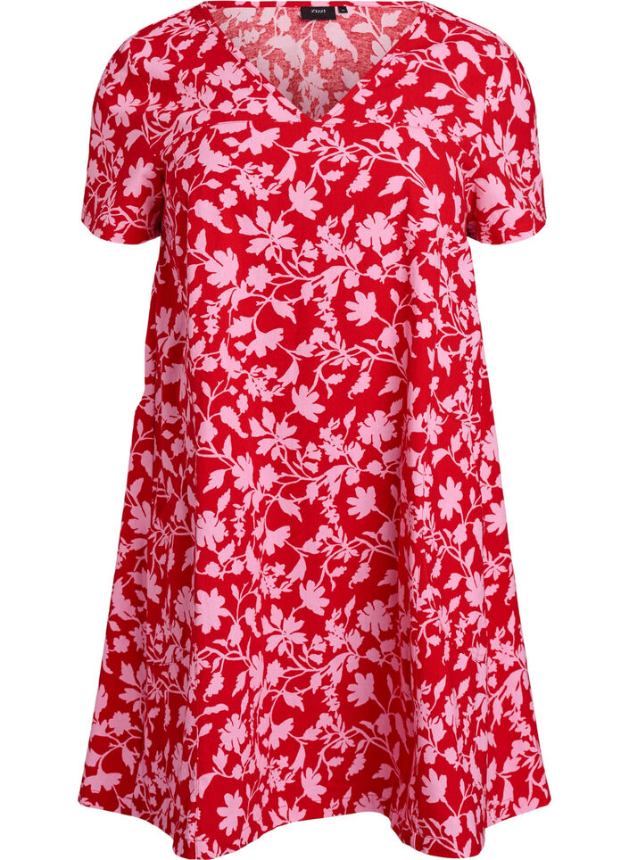 Kr&oacute;tka trapezowa sukienka w kwiaty, Czerwony, Packshot image number 0