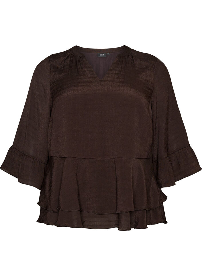 Bluzka z 3/4-sleeves i falbankami, Brązowy, Packshot image number 0