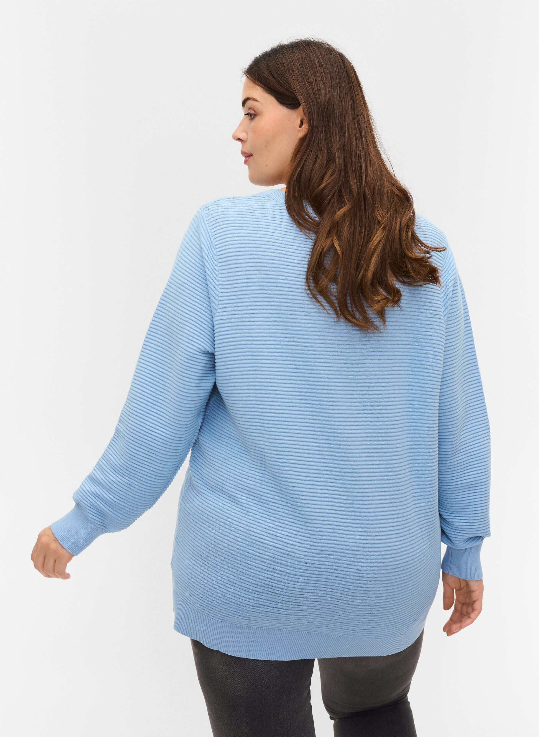 Zizzi Long-sleeved knitted blouse in organic cotton, Chambray Blue, Model image number 1