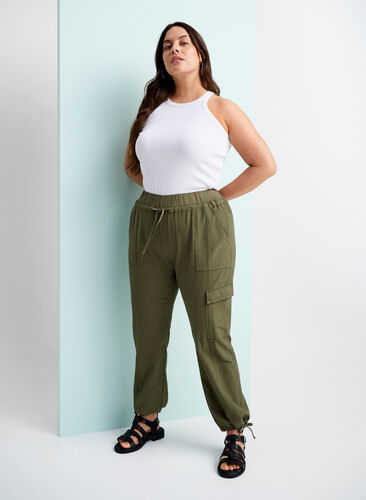 Luzne, bawelniane spodnie bojówki, Ivy Green, Image image number 0
