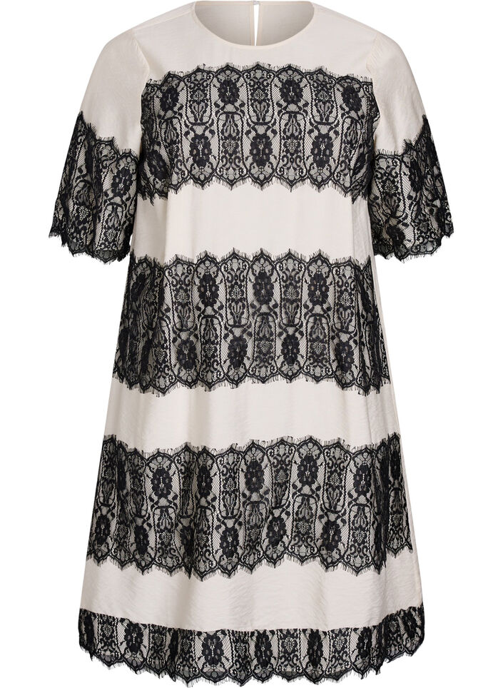 Kr&oacute;tka sukienka z kontrastowymi wstawkami z koronki, Beżowy, Packshot image number 0