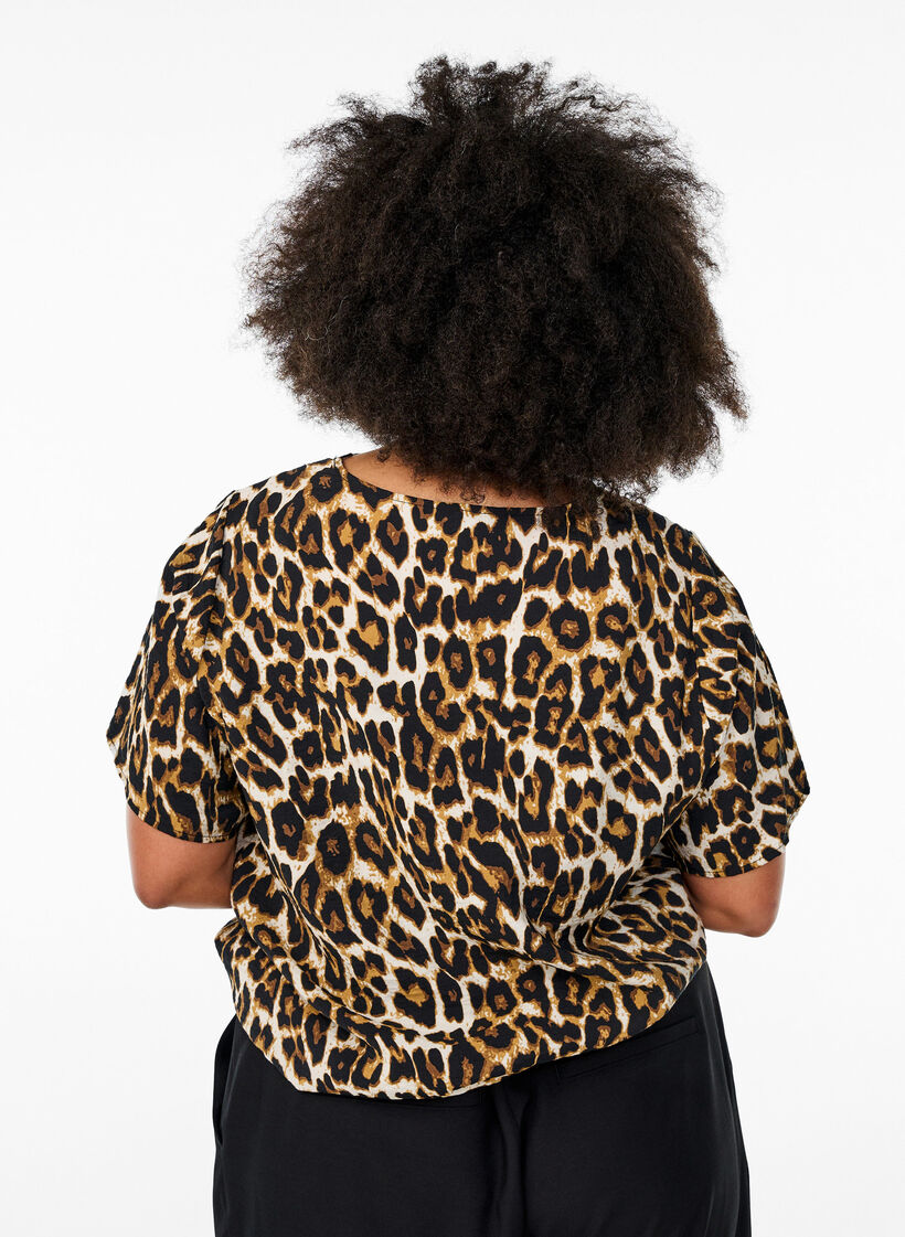 Bluzka z wiskozy z krótkim rekawem i koronkowym wykonczeniem, Brązowy, Model image number 2