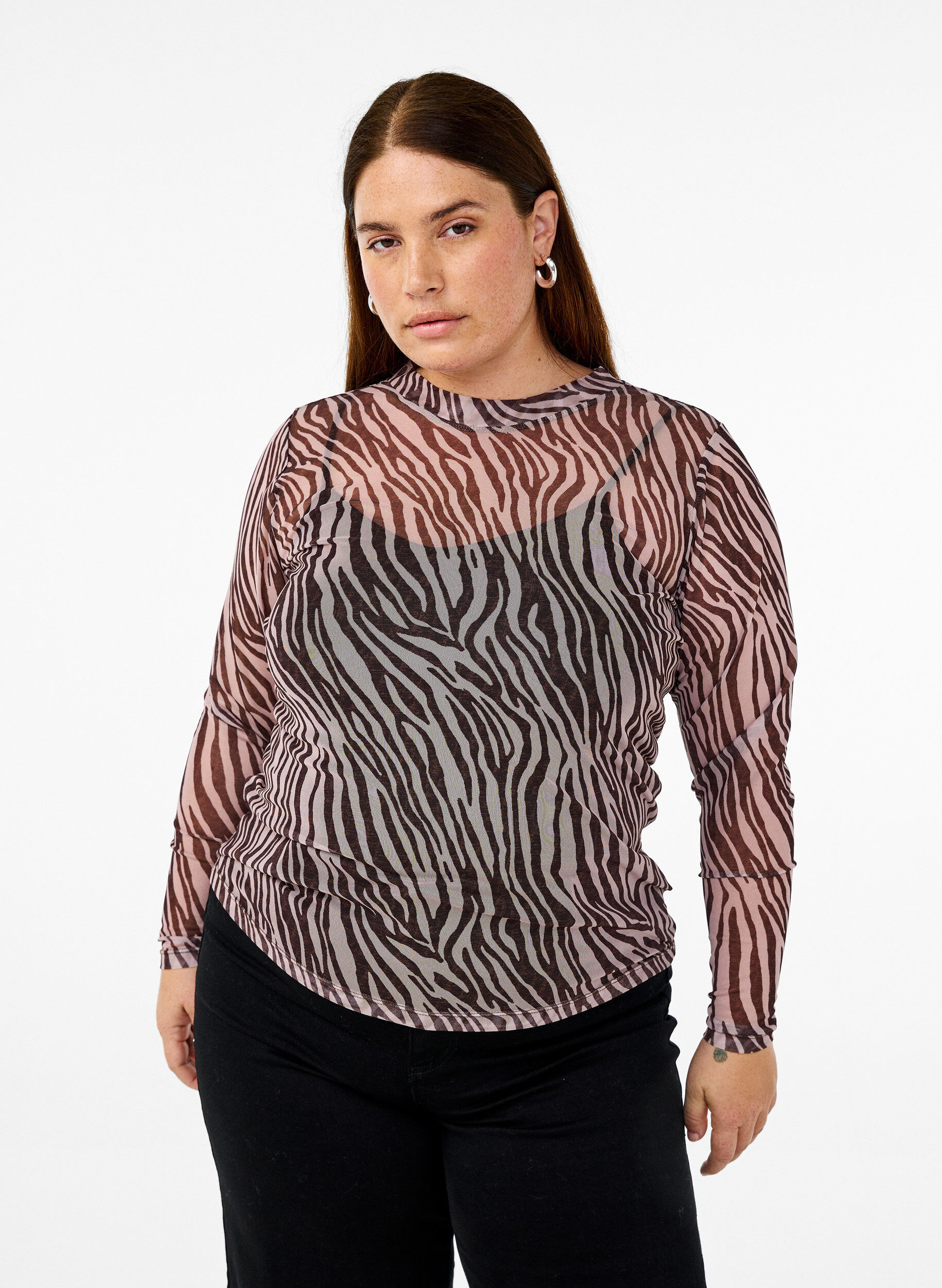 ZizziSiateczkowy top z nadrukiem w zebre, Czarne, Model image number 0
