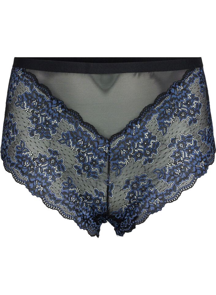 Koronkowe spodnie 3/4 z wysokim stanem, Black w. blue lace, Packshot image number 0
