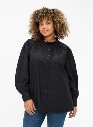 Wiskozowa bluzka koszulowa z marszczeniami, Black, Model image number 0