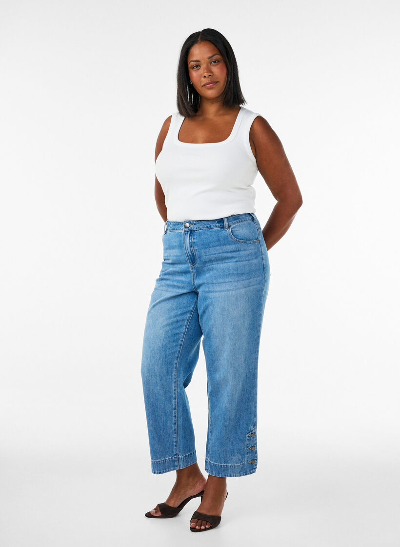 Kiana jeansy z podcieciem, prostego kroju i ozdobnymi guzikami, Niebieskie, Model image number 0