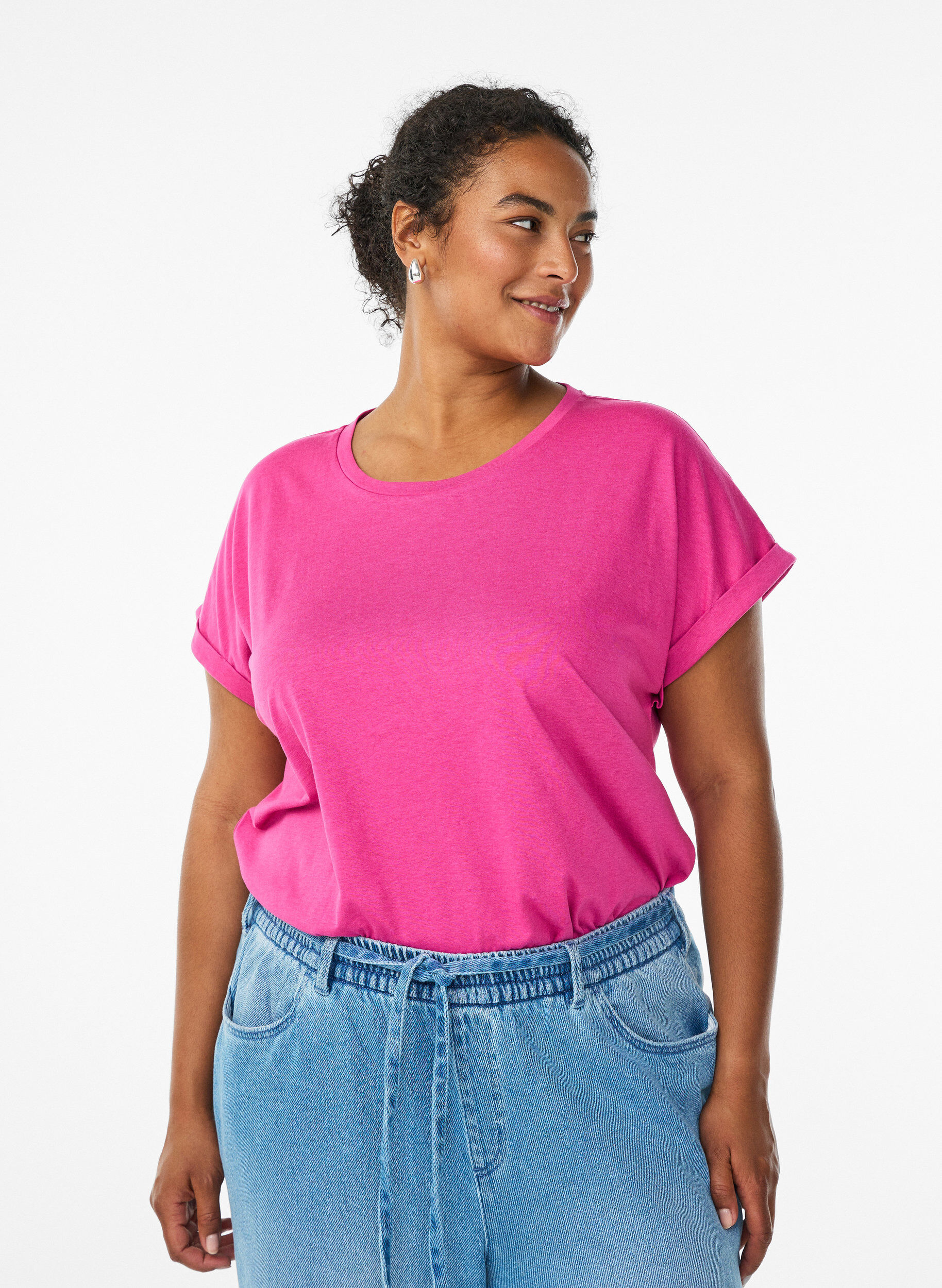 T-shirt z kr&oacute;tkim rekawem z mieszanki bawelny, R&oacute;żowy, Model