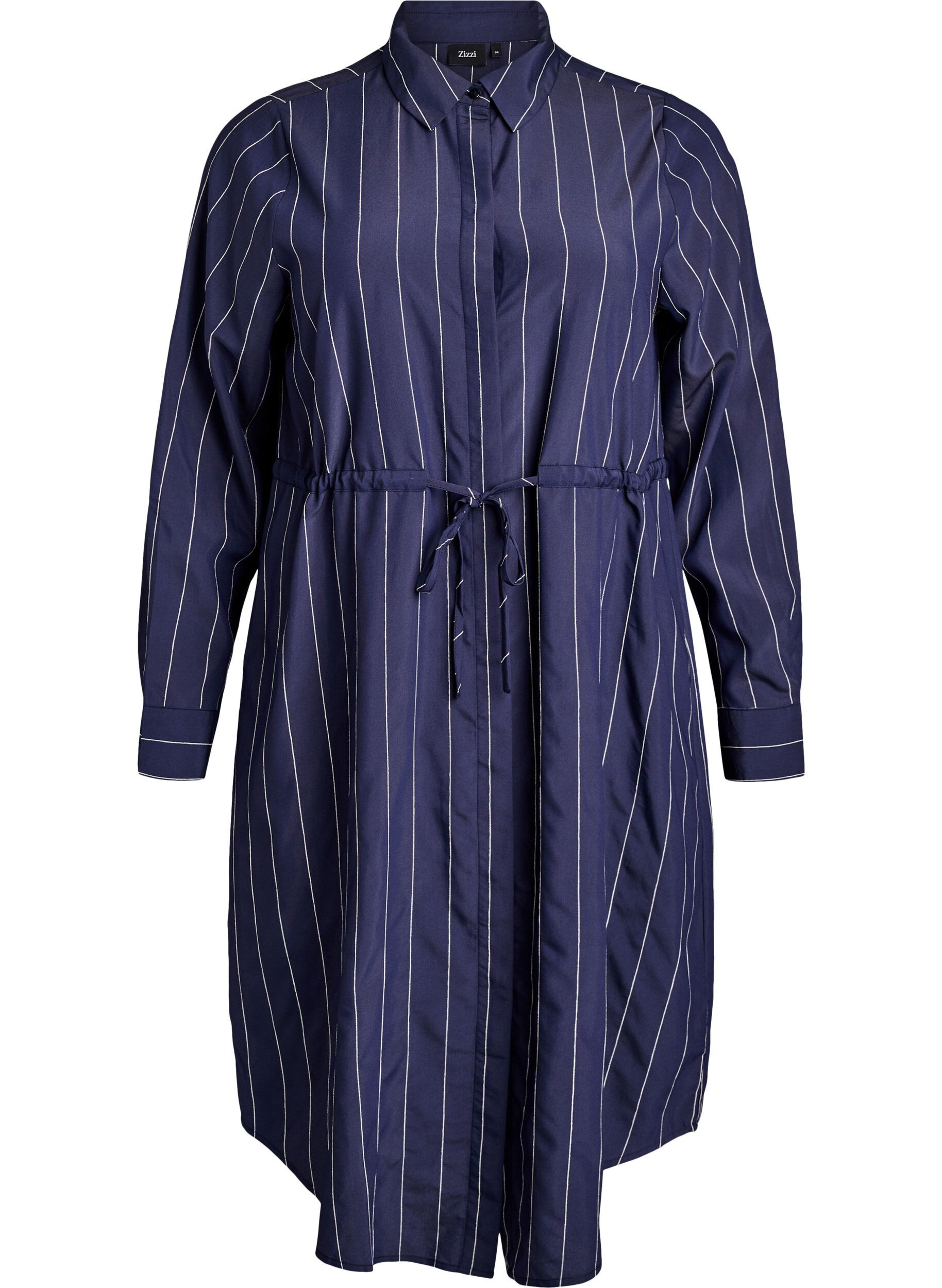 Koszula o przedluzonym kroju z cienkimi pionowymi paskami i pasem do wiazania