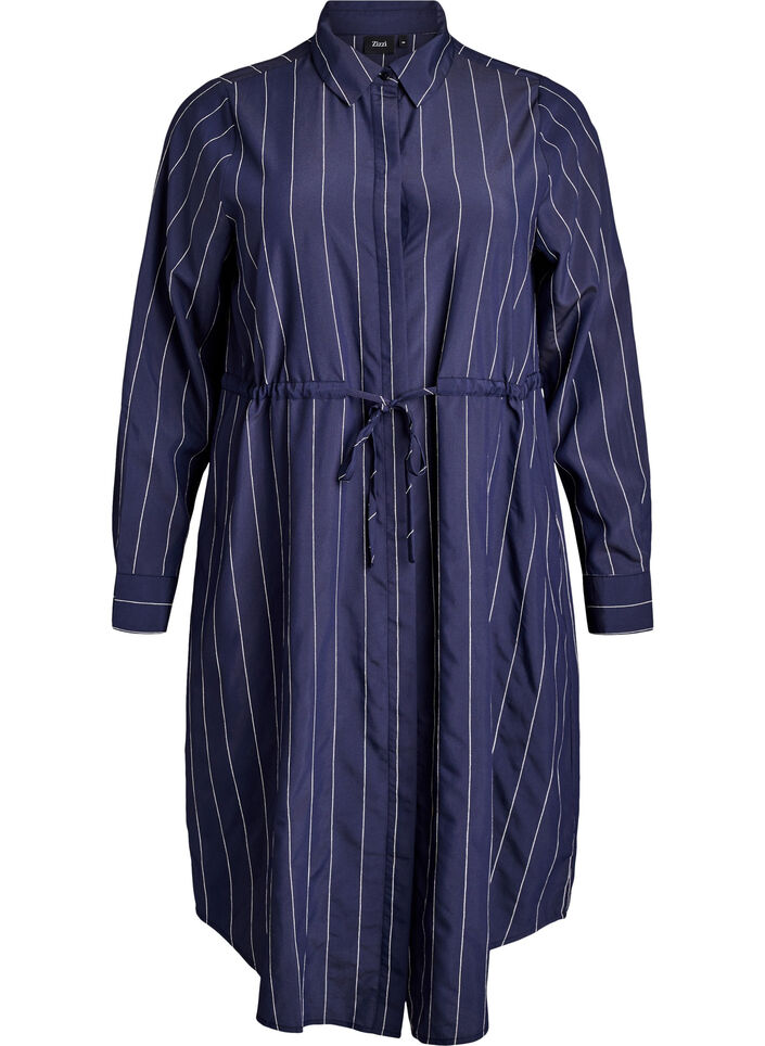 Koszula o przedluzonym kroju z cienkimi pionowymi paskami i pasem do wiazania, Niebieskie, Packshot image number 0