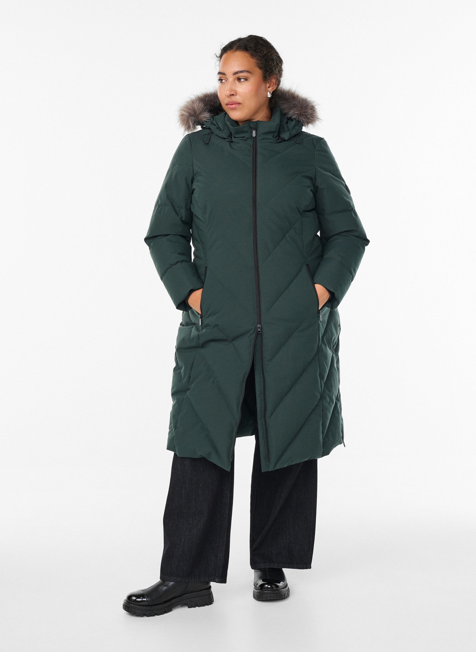 ZizziDlugi plaszcz zimowy z zapieciem na haczyki i kolnierzem ze sztucznego futra, Zielony, Model image number 1