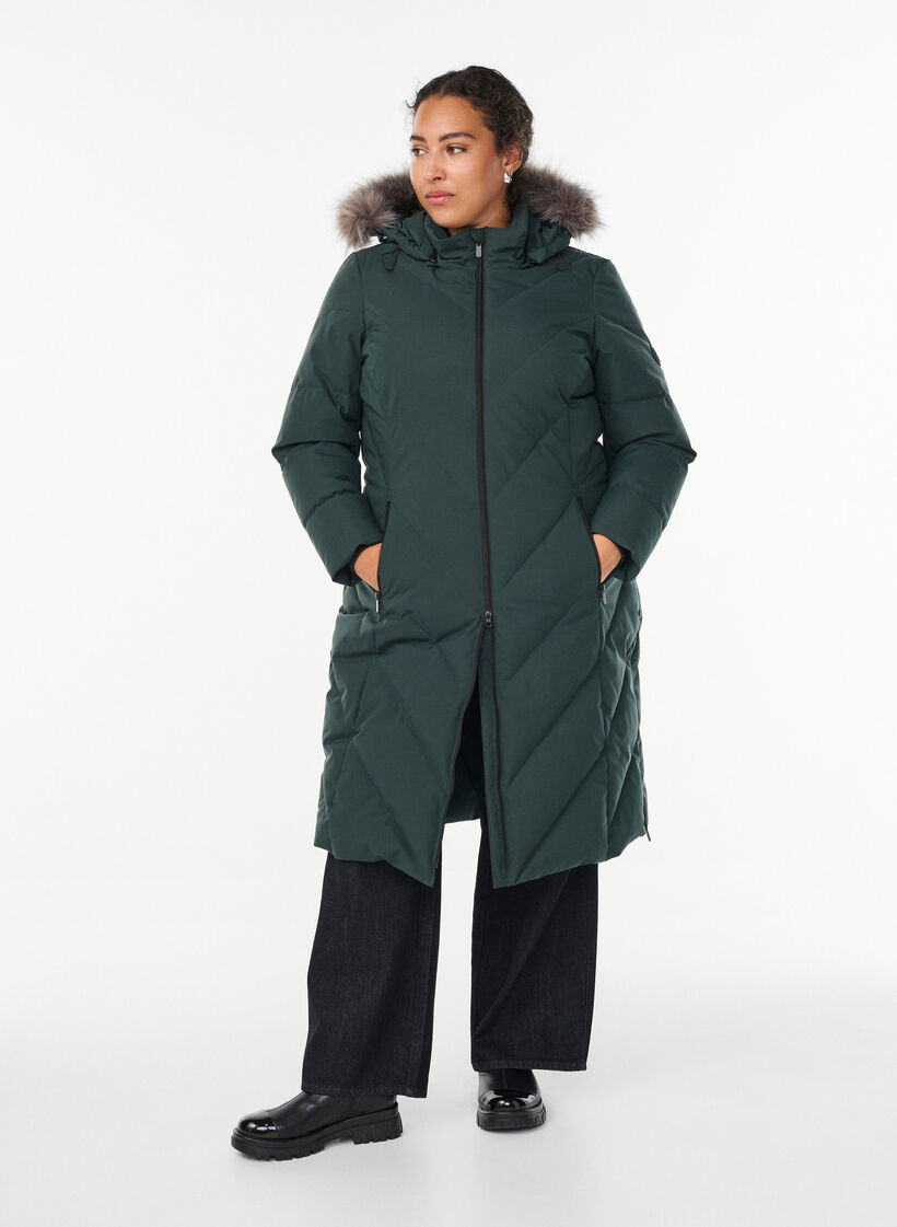 Dlugi plaszcz zimowy z zapieciem na haczyki i kolnierzem ze sztucznego futra, Zielony, Model image number 1
