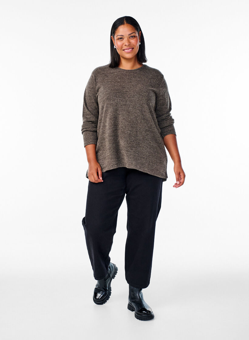 Bluzka z dlugim rekawem ze struktura, Brązowy, Model image number 1