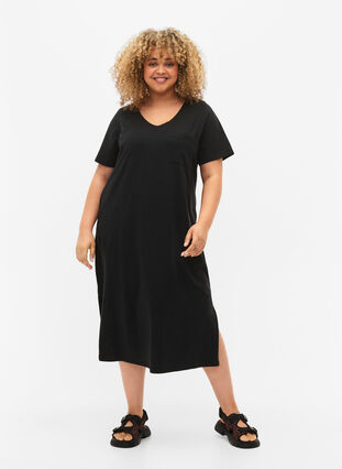 Bawelniana sukienka z krótkimi rekawami i rozcieciem, Black, Model image number 0