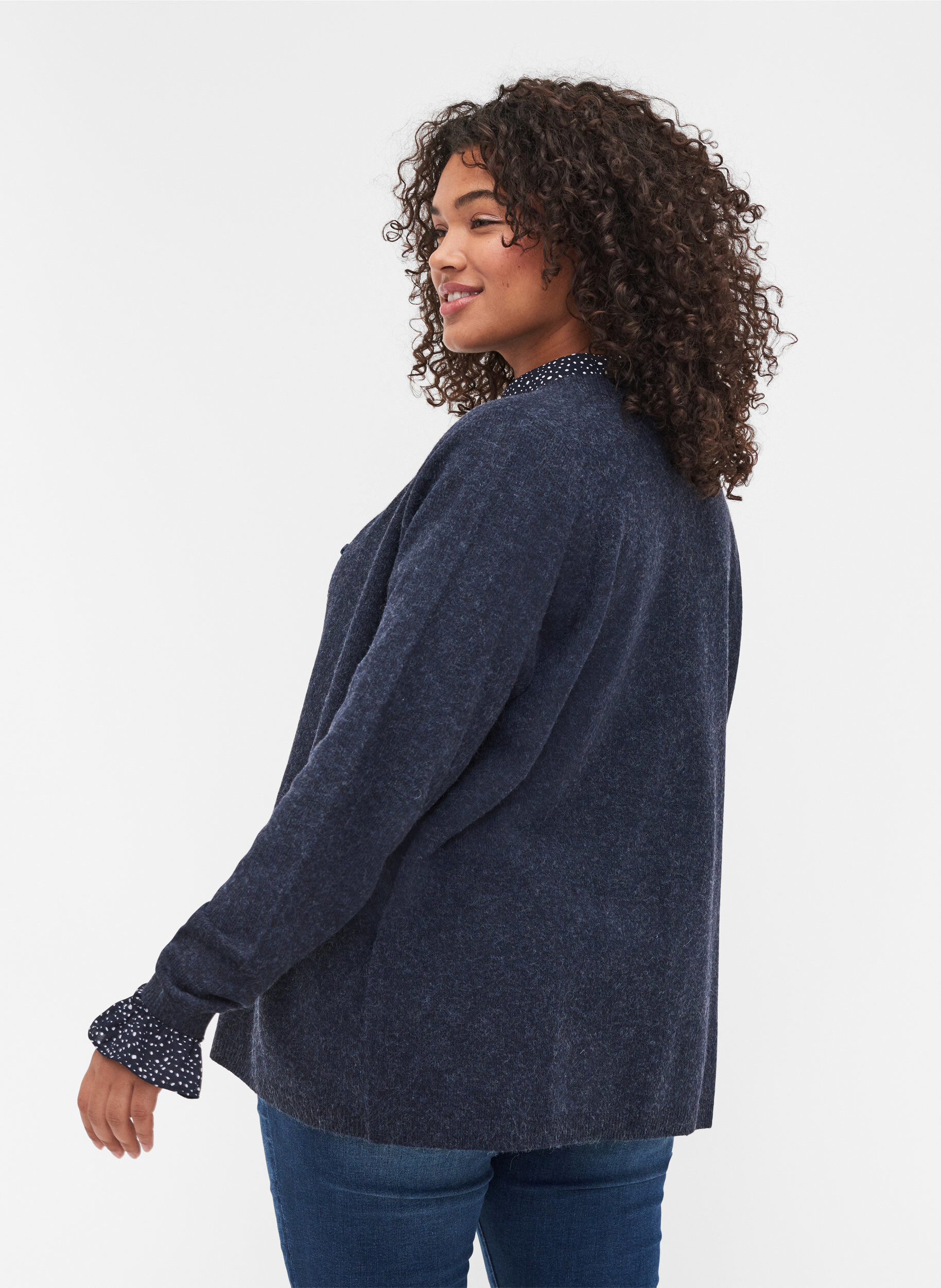 Zizzi Short melange knitted cardigan with button fastening, Night Sky Mel., Model image number 1
