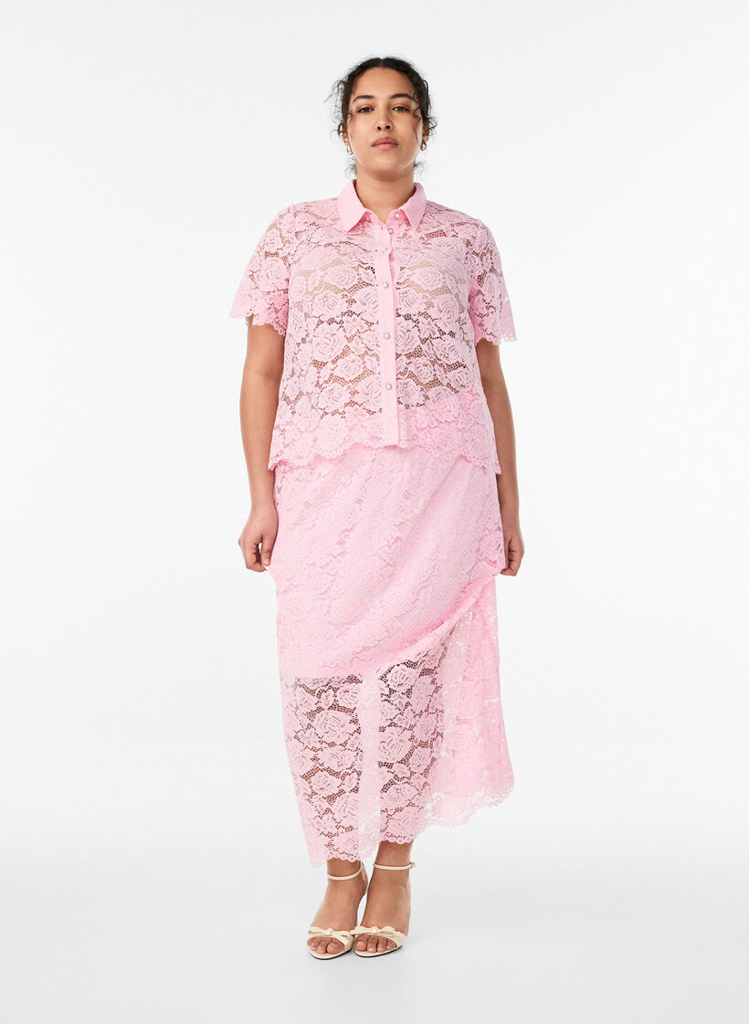 Koronkowa bluzka koszulowa z perlowymi guzikami, R&oacute;żowy, Model