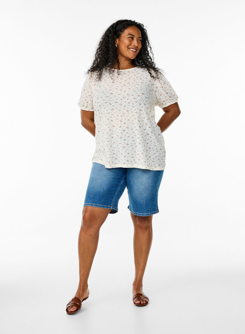 Dzersejowa bluzka z krótkim rekawem i kwiatowym nadrukiem, Biały, Model image number 1