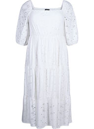 Dluga sukienka z koronkowym wzorem i dekoltem karo, Bright White, Packshot