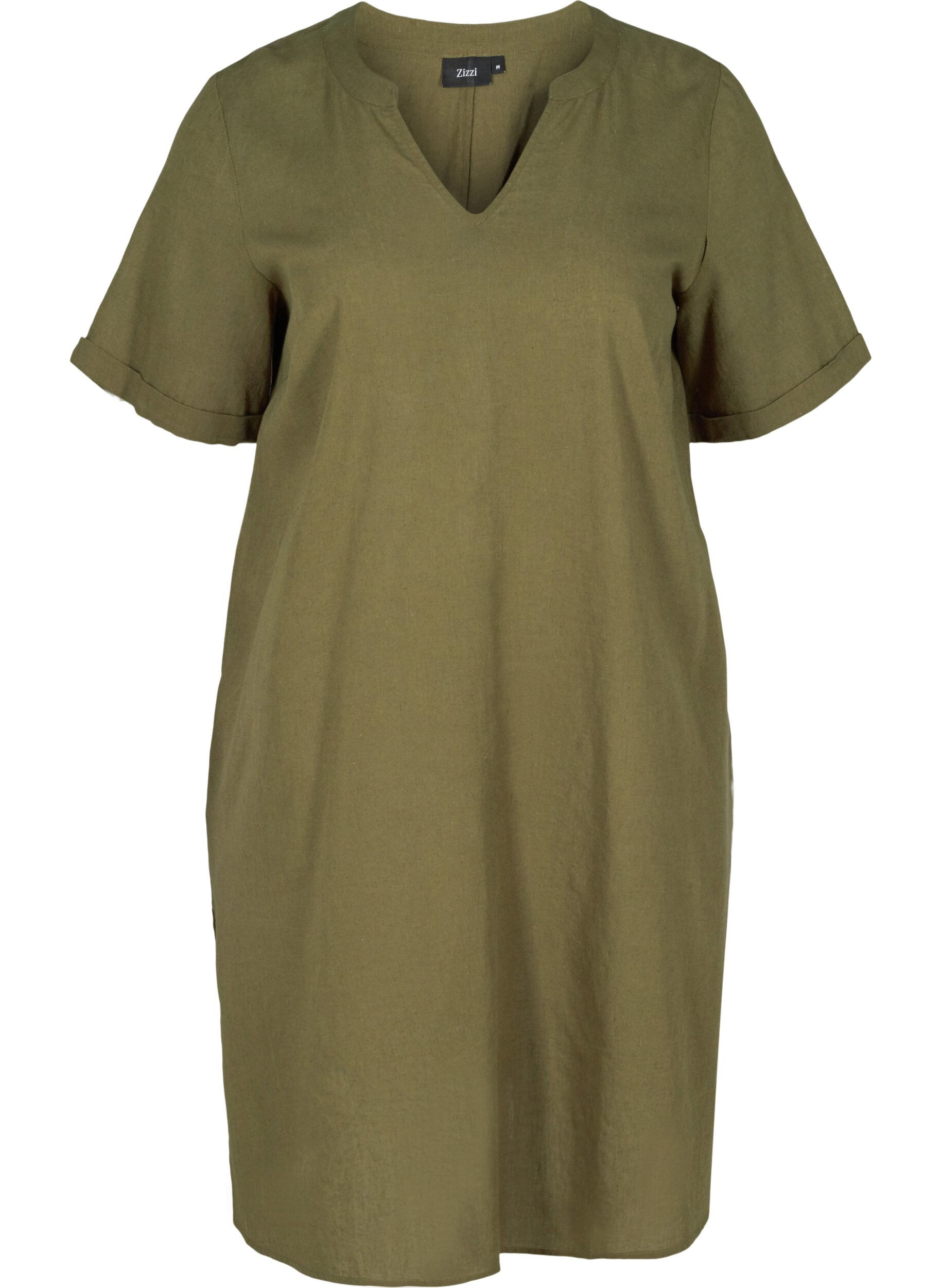 Zizzi Short-sleeved dress in a cotton blend with linen, Ivy Green, Packshot image number 0