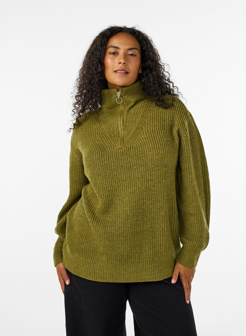 Sweter z wysokim kolnierzem i zamkiem blyskawicznym, Zielony, Model image number 0