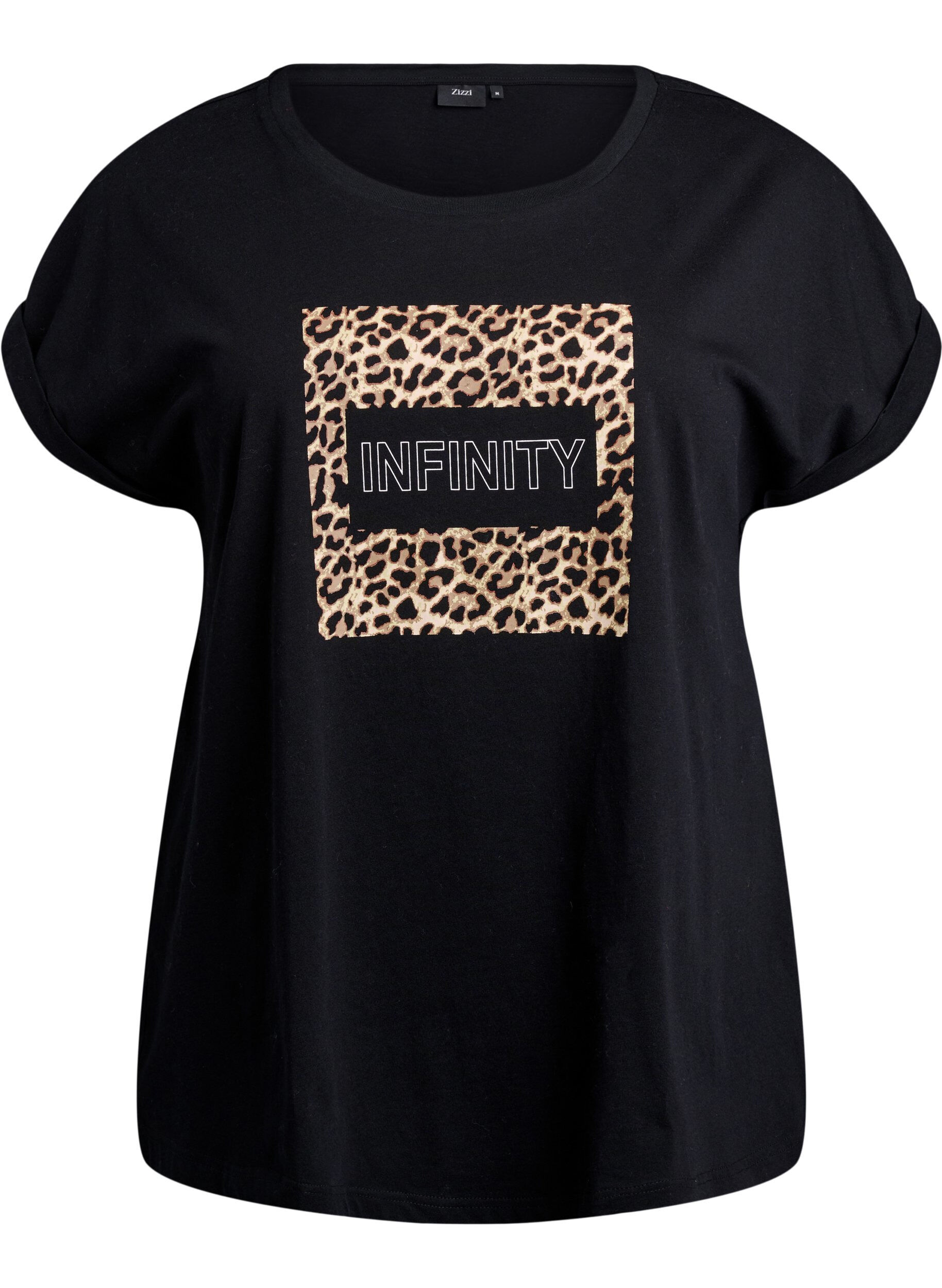 Zizzi T-shirt z nadrukiem w panterke i tekstem, Black Leo, Packshot image number 0