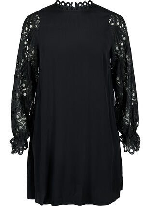 Wiskozowa sukienka z szydelkowymi rekawami, Black, Packshot image number 0