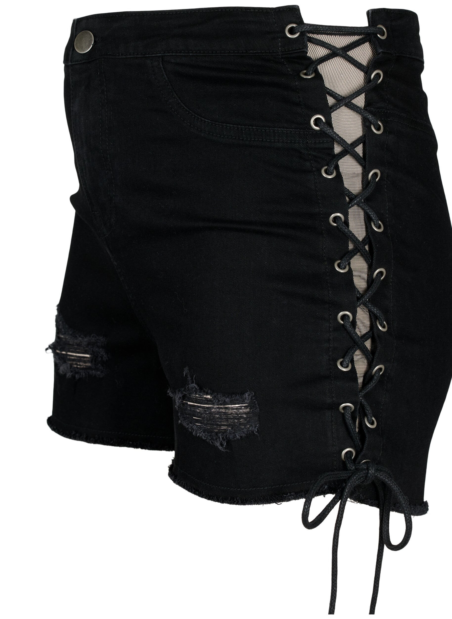 Zizzi Podarte szorty jeansowe ze sznurkiem w pasie, Black Denim, Packshot image number 2